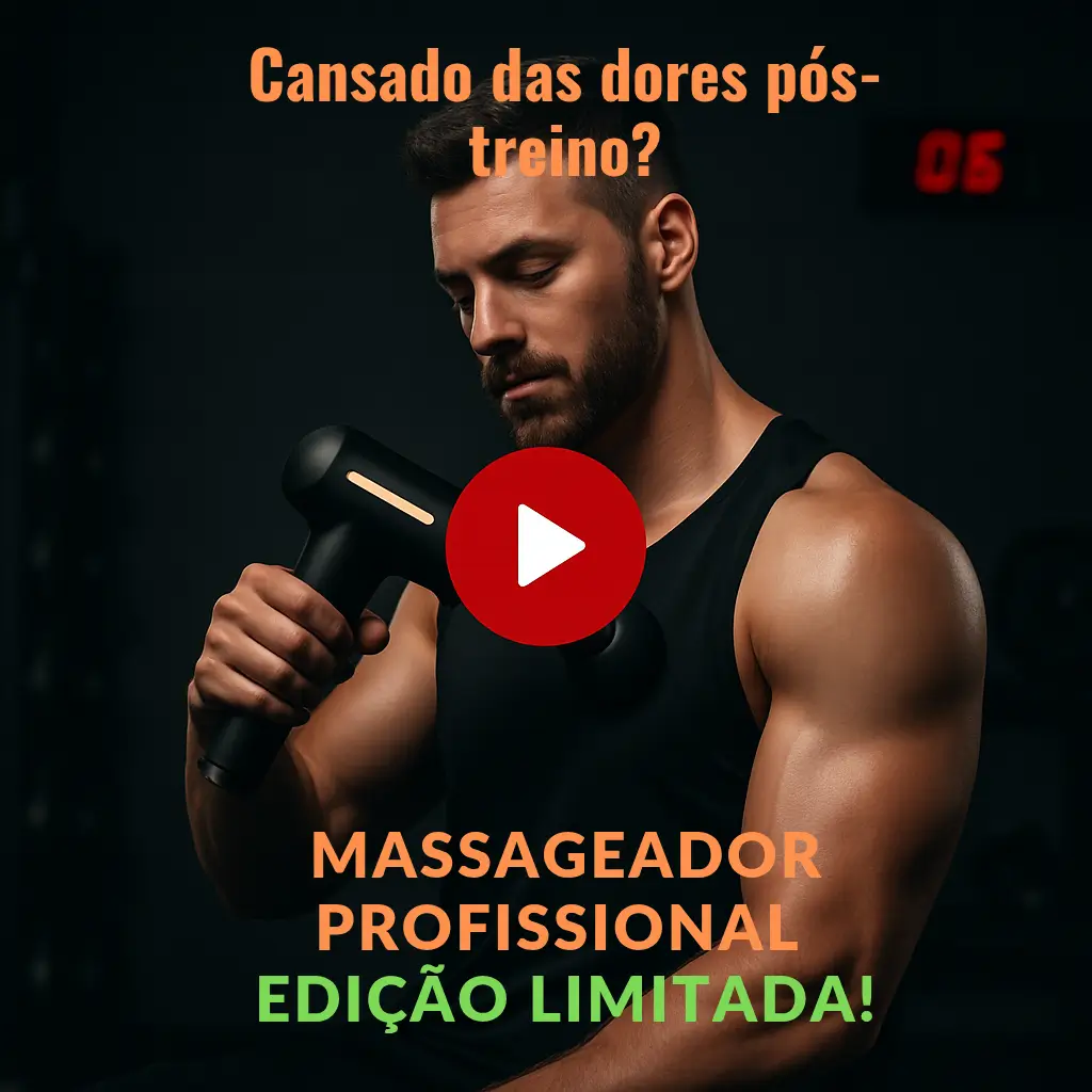 Homem utilizando pistola massageadora portátil para alívio da dor muscular após treino intenso. pistola-massageadora-recuperacao-muscular